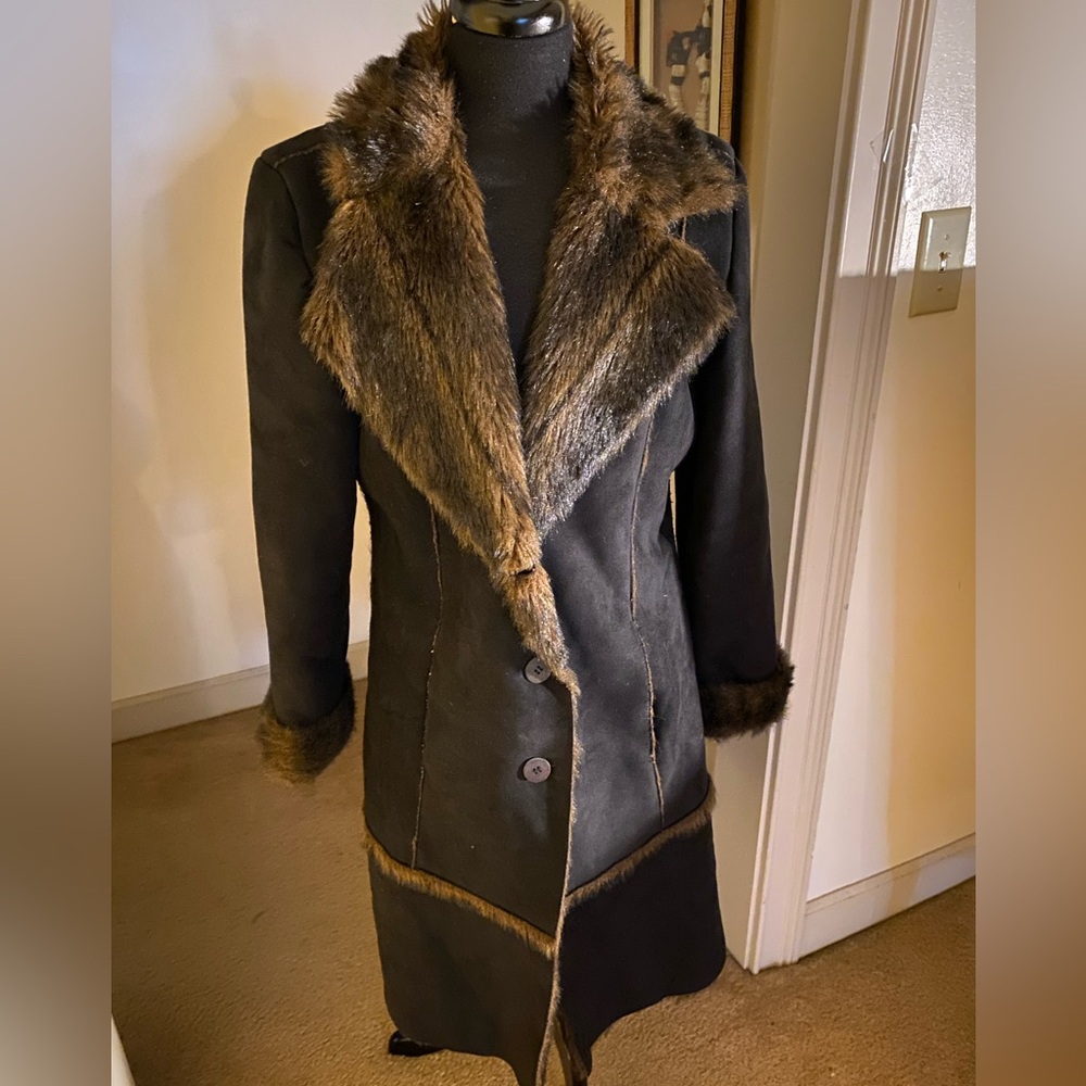 Brandon Thomas Faux Fur Shearling Brown Coat
